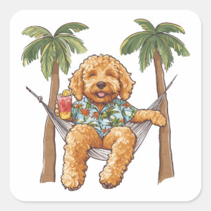 Adesivo Quadrado Cachorro Goldendoodle com Roupa Havaiana