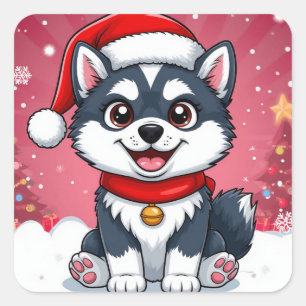 Adesivo Quadrado Cachorro Husky Fofo Com Chapéu de Papai Noel no Na
