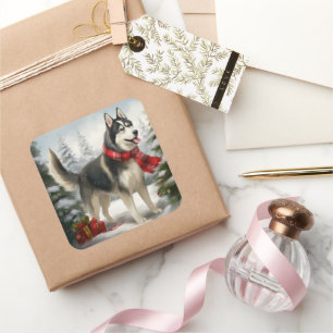 Adesivo Quadrado Cachorro Husky Siberiano na Neve Natal