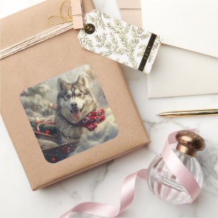 Adesivo Quadrado Cachorro Husky Siberiano Natal Festivo