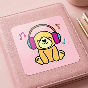 Adesivo Quadrado Cachorro Kawaii Sorridente com Fones de Ouvido Col