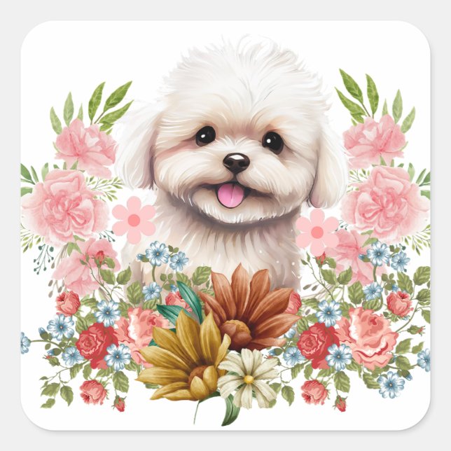 Adesivo Quadrado Cachorro Maltês com Flores, Cachorro Maltês (Frente)