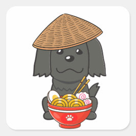 Adesivo Quadrado Cachorro negro engraçado está comendo macarrão