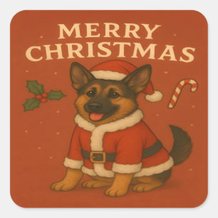 Adesivo Quadrado Cachorro Pastor Alemão Natal Xmas Papai Noel Cacho