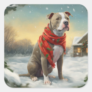 Adesivo Quadrado Cachorro Pitbull na Neve Natal