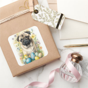 Adesivo Quadrado Cachorro Pug com Ovos de Páscoa Feriado 