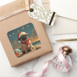 Adesivo Quadrado Cachorro Pug Natal Vintage Praia