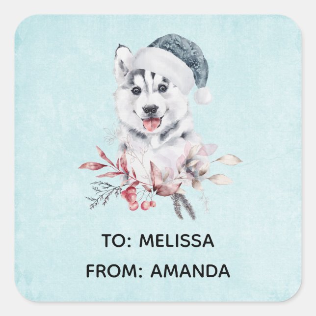 Adesivo Quadrado Cachorro Rouco de Natal num Chapéu Santa (Frente)