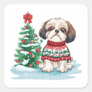 Adesivo Quadrado Cachorro Santa Shih Tzu Natal