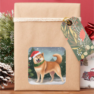 Adesivo Quadrado Cachorro Shiba Inu na Neve Natal