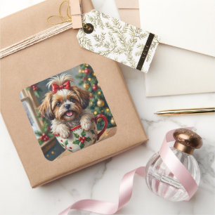 Adesivo Quadrado Cachorro Shih Tzu Adorável na Arte de Caneca de Na