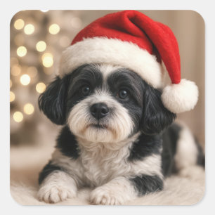 Adesivo Quadrado Cachorro Shih Tzu de Natal Com Chapéu de Papai Noe