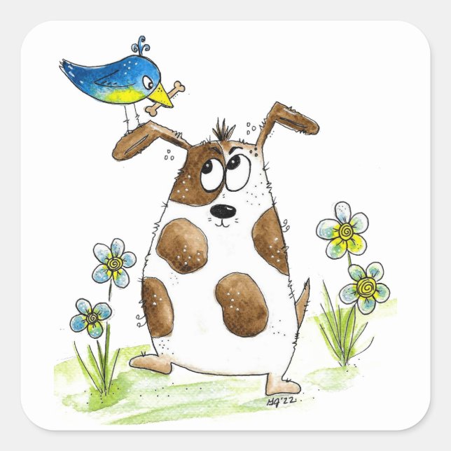 Adesivo Quadrado Cachorro Spotado com Pássaro (Frente)