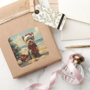 Adesivo Quadrado Cachorro Terrier Escocês Natal Praia Vintage