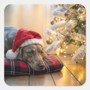 Adesivo Quadrado Cachorro Weimaraner de Natal ao Pé de uma Árvore