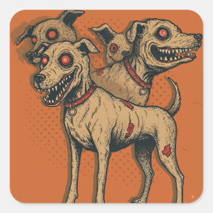 Adesivo Quadrado Cachorro Zumbi Hidra Multi-Cabeças Horror Pup Não-