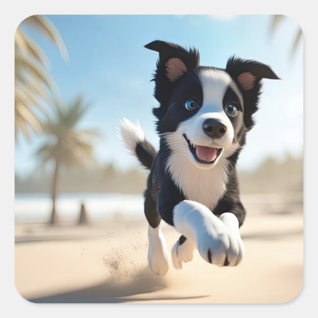 Adesivo Quadrado Cachorros brincando na praia (Frente)