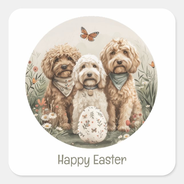 Adesivo Quadrado Cachorros de Goldendoodle felz pascoa (Frente)