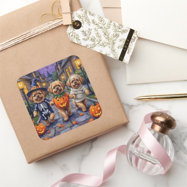 Adesivo Quadrado Cachorros Pekingeses Trick-or-Tratating Halloween  (Presentear)