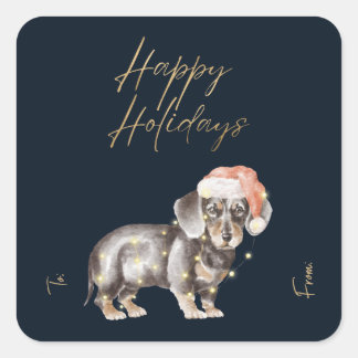 Adesivo Quadrado Cachshund Dog Santas Hat Faux Gold Foil