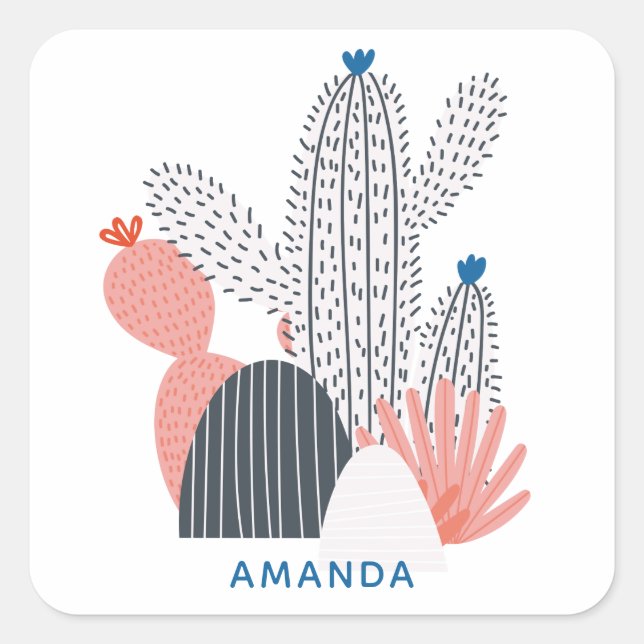 Adesivo Quadrado Cacto de cinza rosa. Suculente de abstrato moderno (Frente)