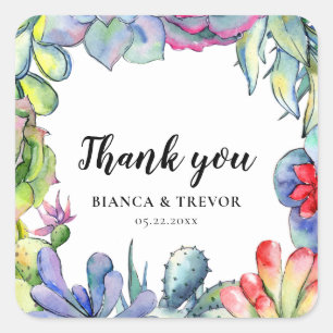 Adesivo Quadrado Cactos e suculentos obrigado de casamento de aquar