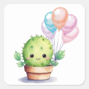 Adesivo Quadrado Cactus bonitos com balões de aniversário