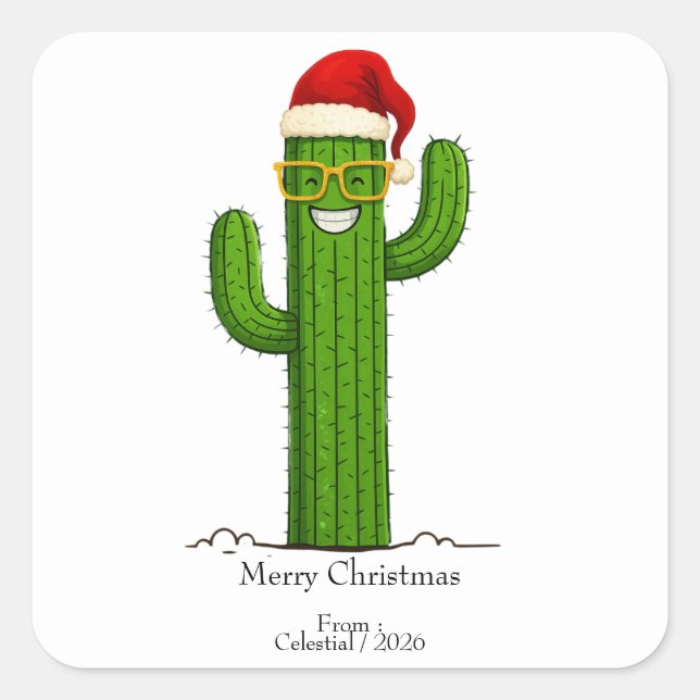 Adesivo Quadrado Cactus de Natal engraçado com Papai Noel e Óculos (Frente)