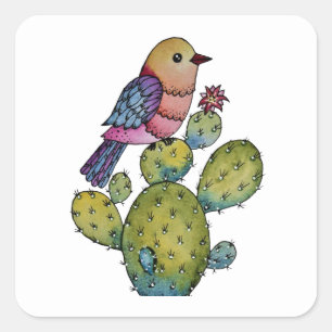 Adesivo Quadrado Cactus E Ave Arco-Íris Em Aquarela