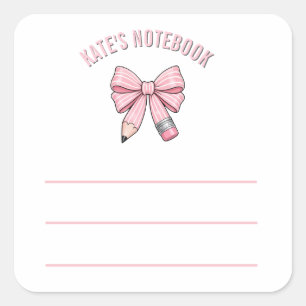 Adesivo Quadrado Caderno com Laço de Lápis Escolar Rosa Pastel Fofo