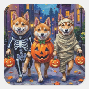 Adesivo Quadrado Cães Akita Fazendo Trick-or-Treat em Fantasias de 