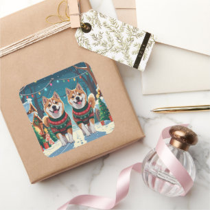 Adesivo Quadrado Cães Akita Natal Neve Férias