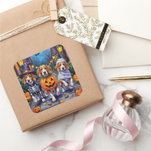 Adesivo Quadrado Cães Beagle Trick-or-Tratating in Halloween