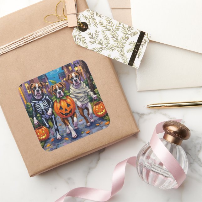 Adesivo Quadrado Cães Boxer Trick-or-Tratating in Halloween (Presentear)