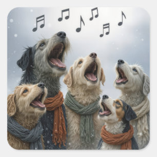 Adesivo Quadrado Cães Cantando Canções de Natal em Flocos de Neve