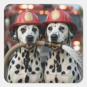Adesivo Quadrado Cães Dalmatas segurando uma mangueira de bombeiro