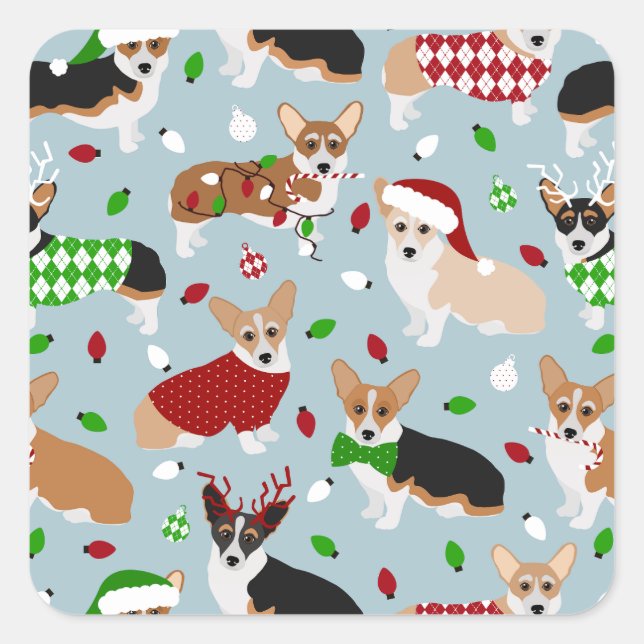 Adesivo Quadrado Cães de Corgi de Natal (Frente)