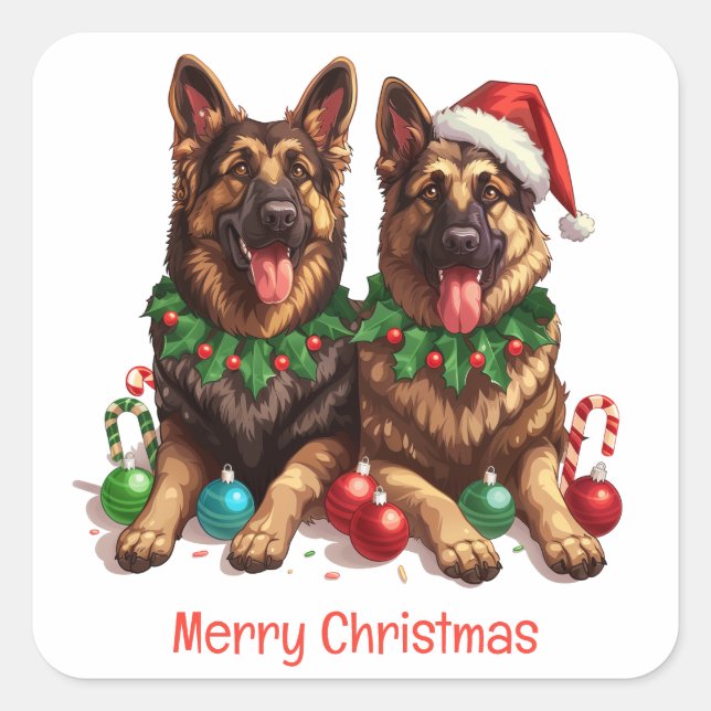 Adesivo Quadrado Cães de German shepherd Feliz de Natal (Frente)