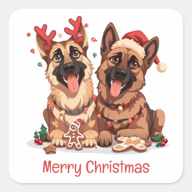 Adesivo Quadrado Cães de German shepherd Feliz de Natal (Frente)
