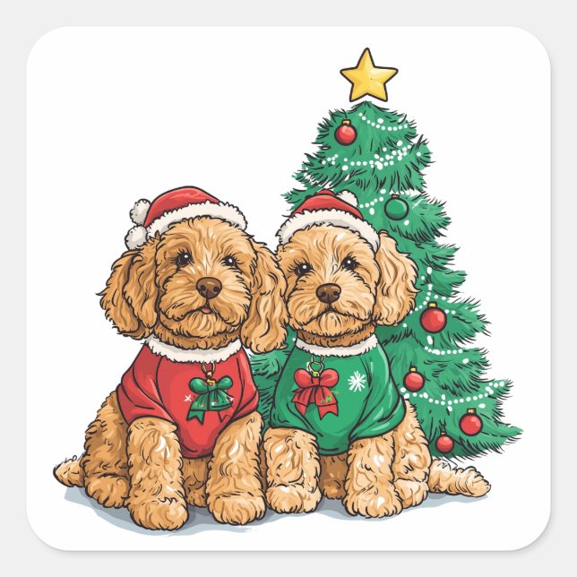Adesivo Quadrado Cães de Goldendoodle de Natal (Frente)