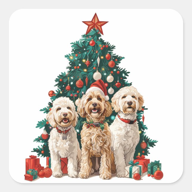 Adesivo Quadrado Cães de Goldendoodle de Natal (Frente)
