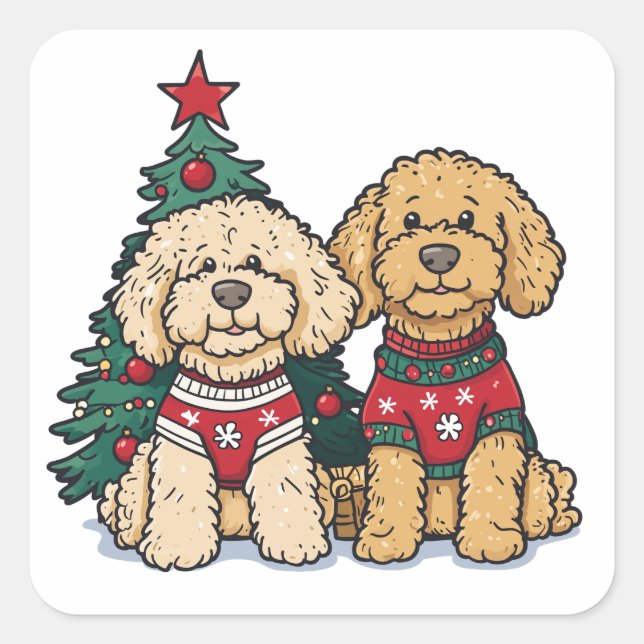 Adesivo Quadrado Cães de Goldendoodle de Natal (Frente)