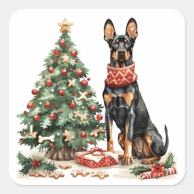 Adesivo Quadrado Cães Dobermann de Natal (Frente)