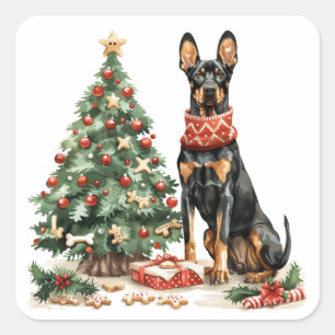 Adesivo Quadrado Cães Dobermann de Natal