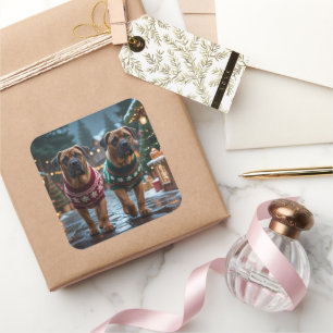 Adesivo Quadrado Cães Mastim Tibetano Natal Neve Férias