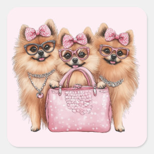 Adesivo Quadrado Cães Pomeranianos Fashionáveis, Bolsa Rosa