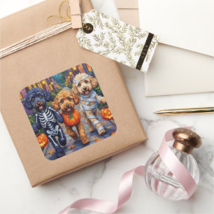Adesivo Quadrado Cães Poodle Fantasias de Halloween Doces ou Traves