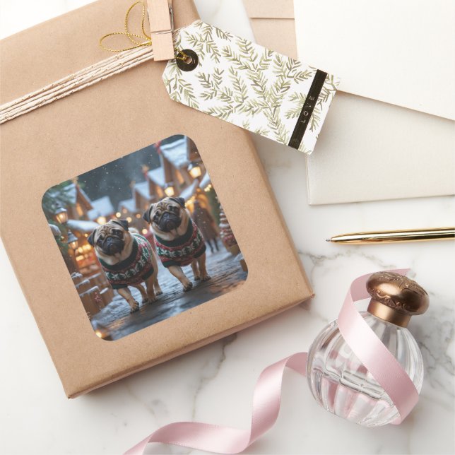 Adesivo Quadrado Cães Pug Natal Neve Feriado (Presentear)