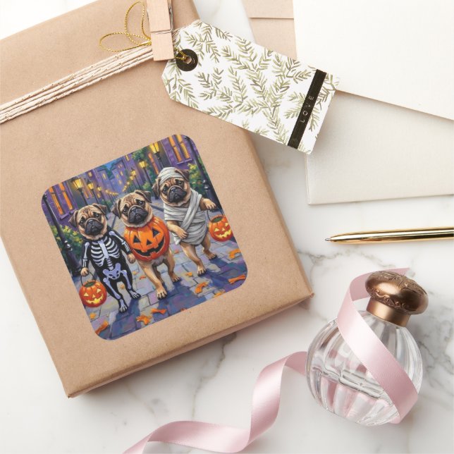 Adesivo Quadrado Cães Pug Trick-or-Tratando em Figurinos de Hallowe (Presentear)