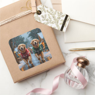 Adesivo Quadrado Cães Retriever Dourados Natal Neve Festa